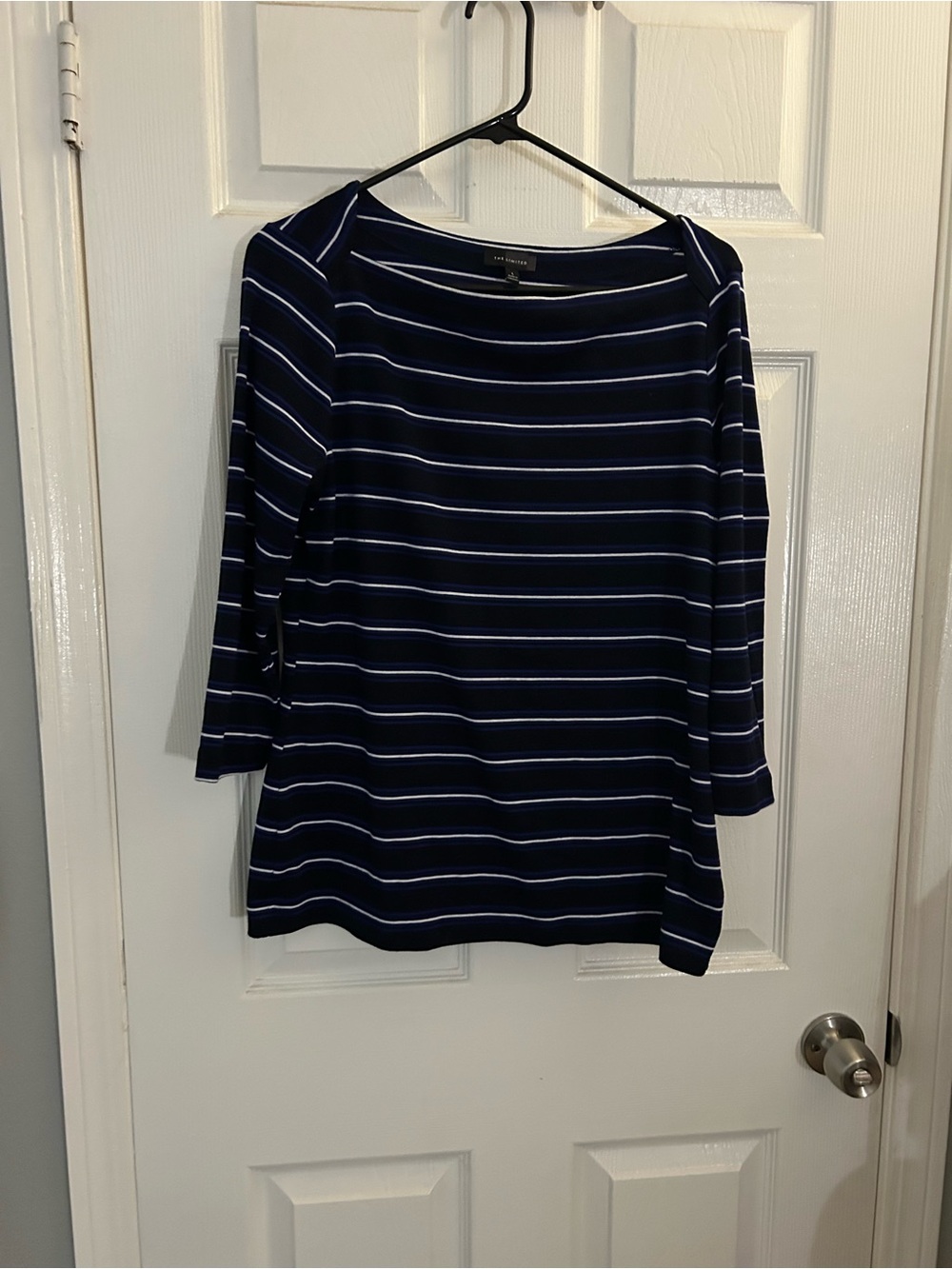 The Limited Navy and White Striped Boatneck Three-Quarter Sleeve Top